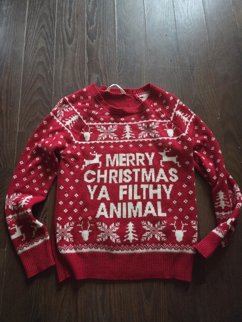 Bluenotes Red and White Holiday Knit Sweater, Merry Christmas Ya Filthy Animal M